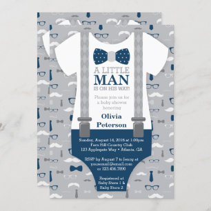 Little Man Baby Shower Invitation, Navy Blue, Grey Invitation