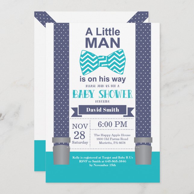 Little Man Baby Shower Invitation Navy Teal Aqua (Front/Back)