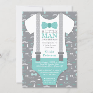 Little Man Baby Shower Invitation, Teal, Grey Invitation