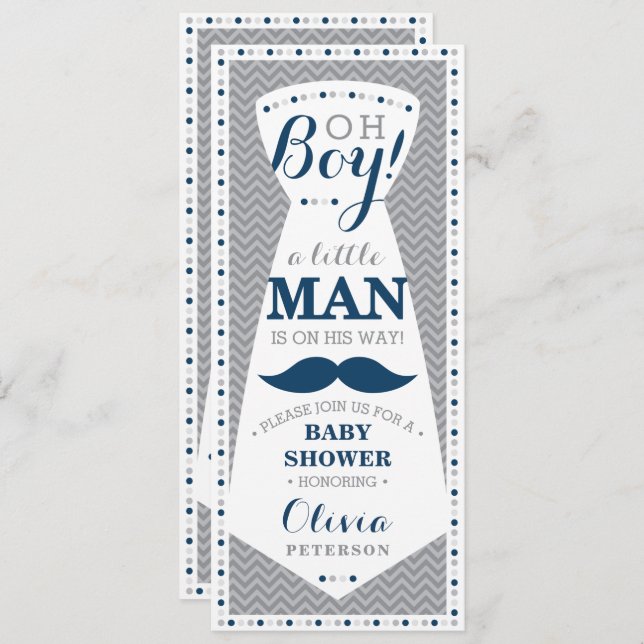 Little Man Baby Shower Invitation, Tie, Navy, Grey Invitation (Front/Back)