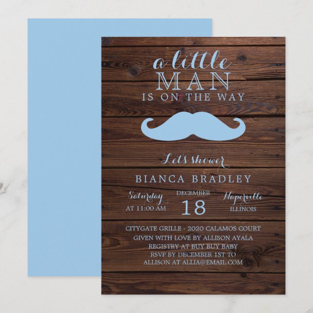 Little Man Baby Shower Invitation | Wood Moustache (Front/Back)