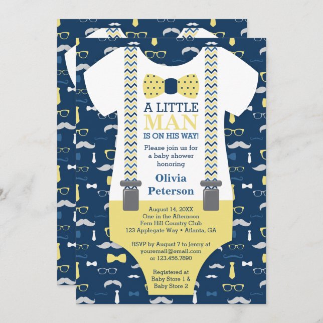 Little Man Baby Shower Invitation, Yellow, Blue Invitation (Front/Back)