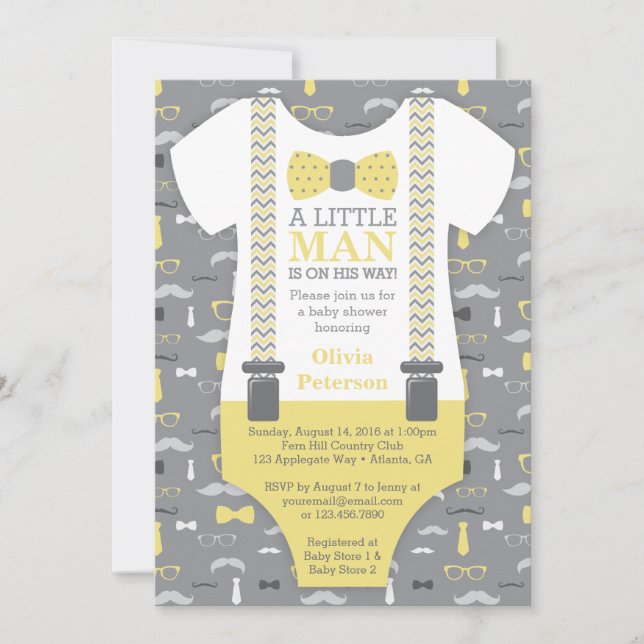 Little Man Baby Shower Invitation, Yellow, Grey Invitation (Front)
