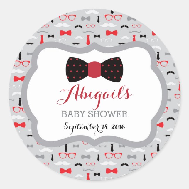 Little Man Baby Shower Sticker, Black, Red, Grey Classic Round Sticker (Front)