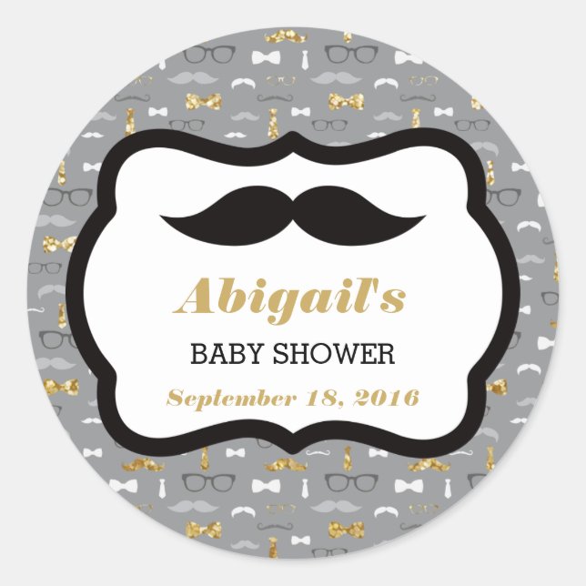Little Man Baby Shower Sticker, Gold, Grey, Black Classic Round Sticker (Front)