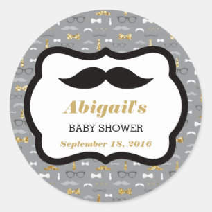 Little Man Baby Shower Sticker, Gold, Grey, Black Classic Round Sticker
