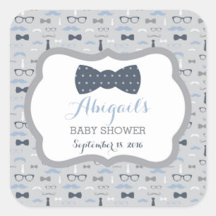 Little Man Baby Shower Sticker, Navy Blue, Grey Square Sticker