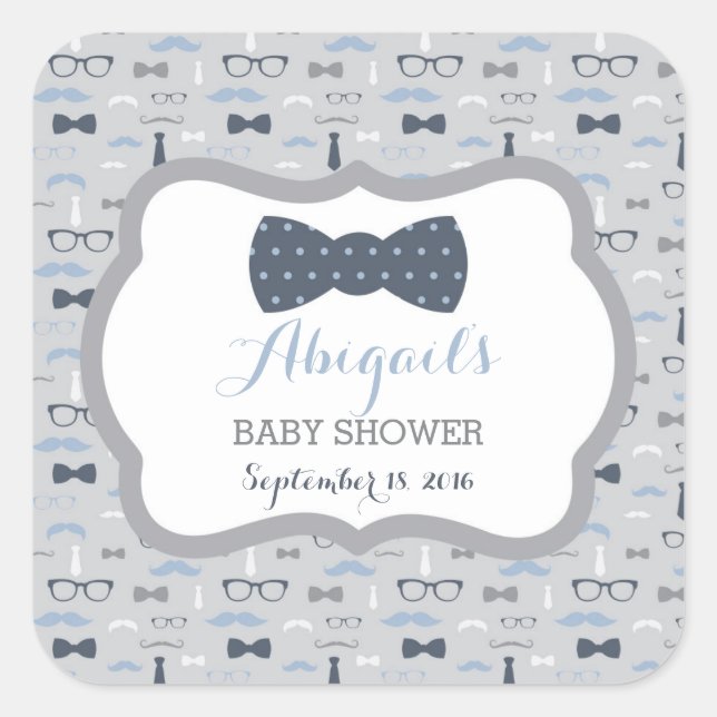 Little Man Baby Shower Sticker, Navy Blue, Grey Square Sticker (Front)