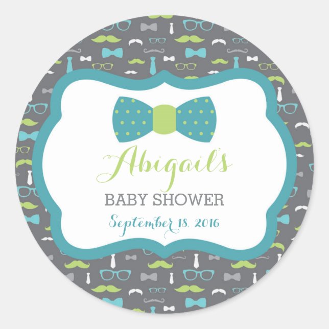 Little Man Baby Shower Sticker, Teal, Green, Grey Classic Round Sticker (Front)