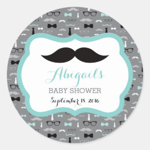 Little Man Baby Shower Sticker, Teal, Grey, Black Classic Round Sticker
