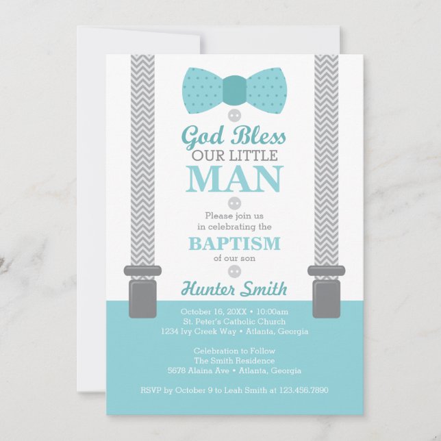 Little Man Baptism Invitation, Aqua, Grey Invitation (Front)
