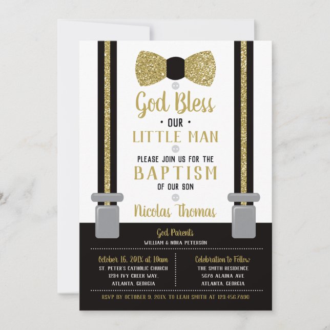 Little Man Baptism Invitation, Black, Gold Invitation (Front)