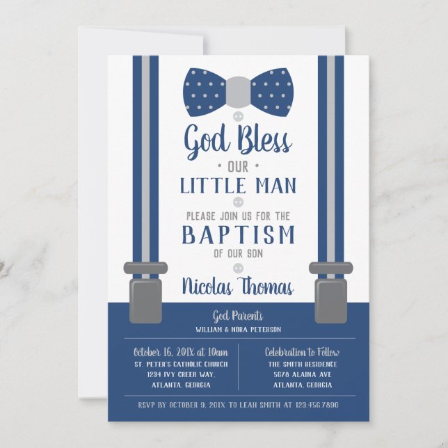 Little Man Baptism Invitation, Navy, Grey Invitation (Front)