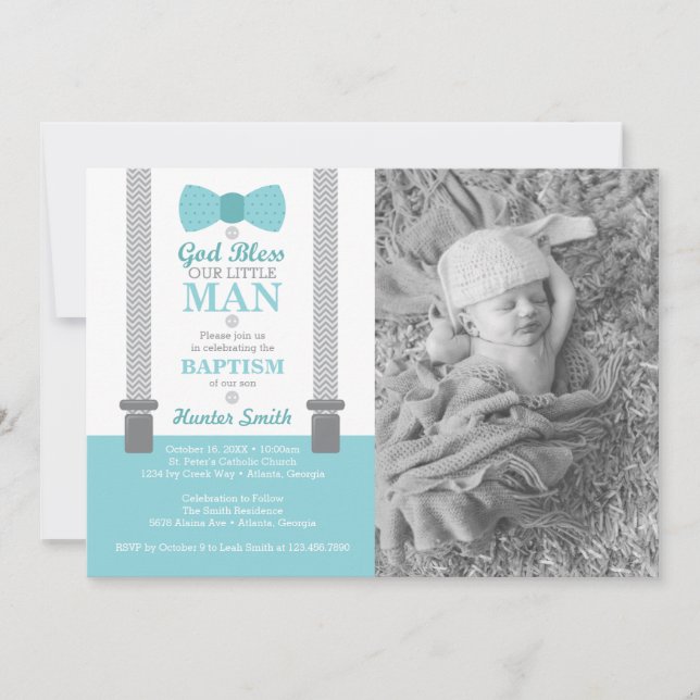 Little Man Baptism Photo Invitation, Aqua, Grey Invitation (Front)