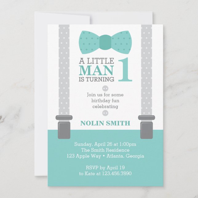 Little Man Birthday Party, Teal, Grey, Invitation (Front)
