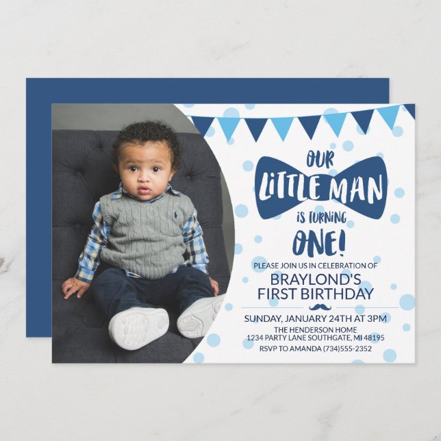 Little Man Blue Bow Tie Photo Invitation (Front/Back)