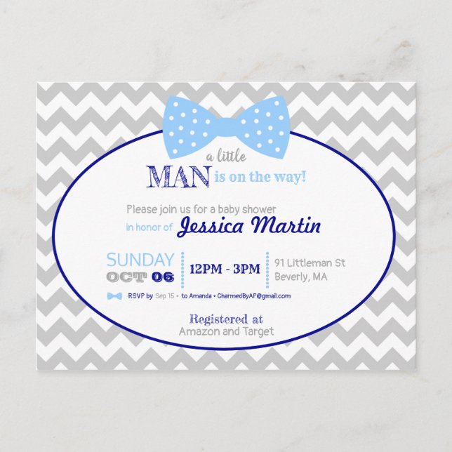 Little Man Bow Navy Blue Grey Boy Baby Shower Postcard (Front)