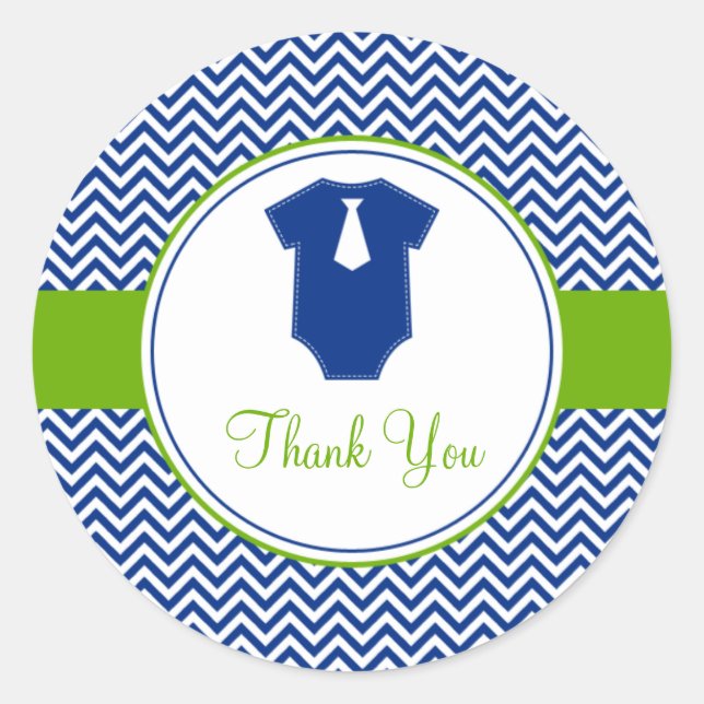 Little Man Chevron Blue Green Baby Shower Classic Round Sticker (Front)