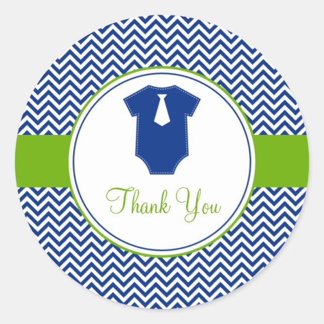 Little Man Chevron Blue Green Baby Shower Classic Round Sticker (Front)