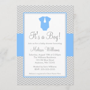 Little Man Chevron Grey Blue Baby Shower Invitation