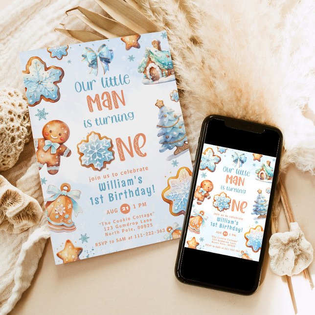 Little Man Christmas Blue Cookie 1st birthday Invitation (Creator Uploaded)