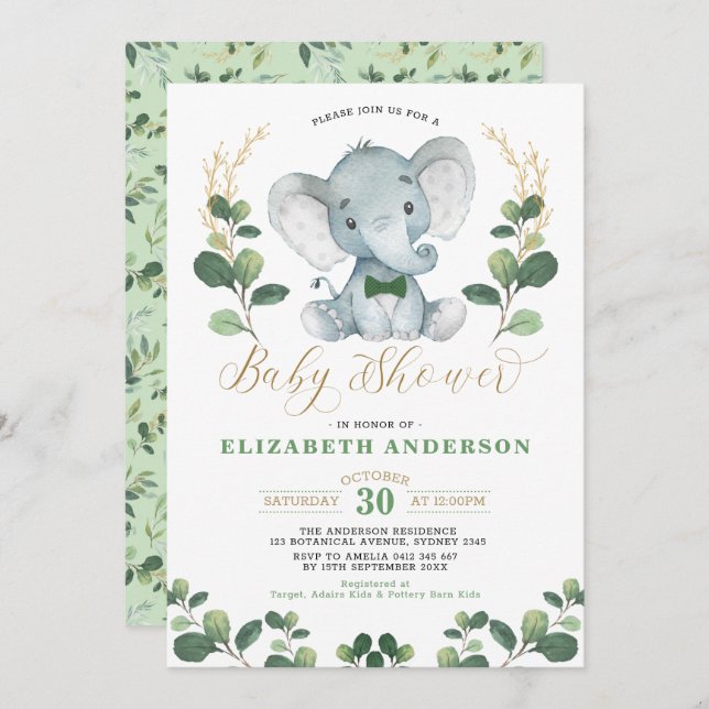 Little Man Elephant Greenery Gold Boy Baby Shower Invitation (Front/Back)