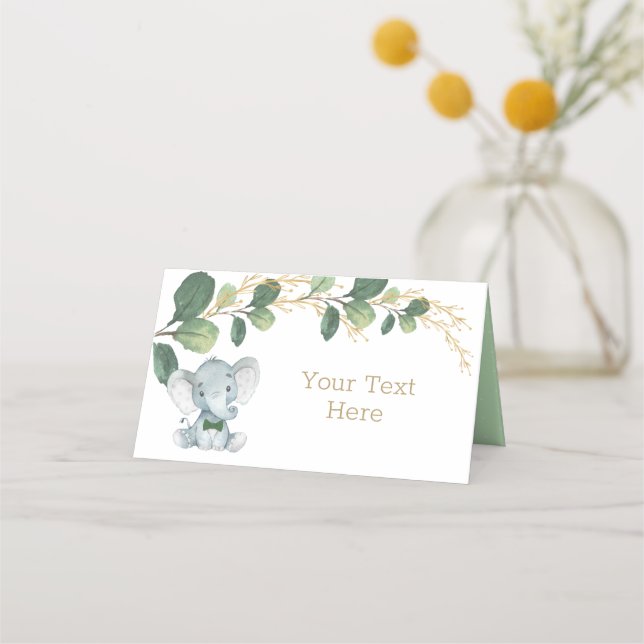 Little Man Elephant Watercolor Green Gold Greenery Place Card (Front)
