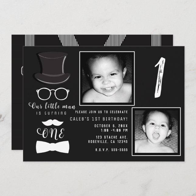 Little Man Hipster Suspenders 1st Birthday Photo Invitation (Front/Back)