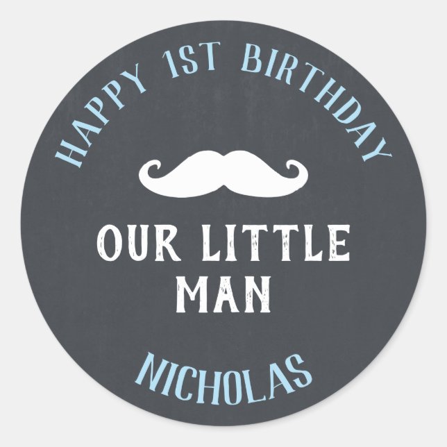 Little Man Moustache 1st Birthday Party Favour Classic Round Sticker (Front)