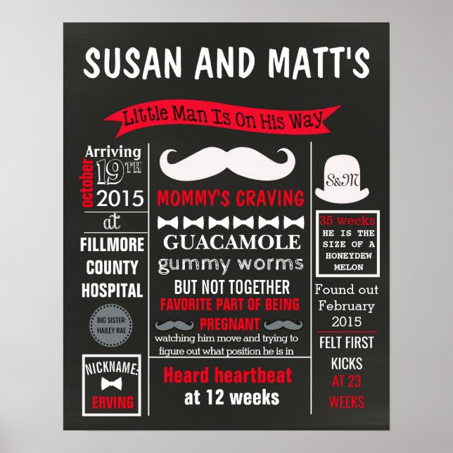 Little man Moustache Baby Shower Party chalkboard Poster (Front)