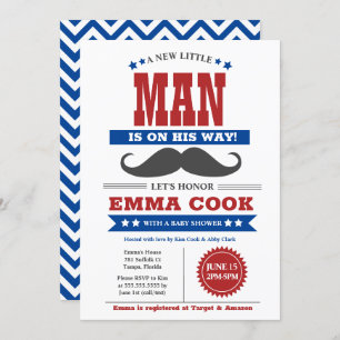 Little Man Moustache Bash Boy Baby Shower red blue Invitation
