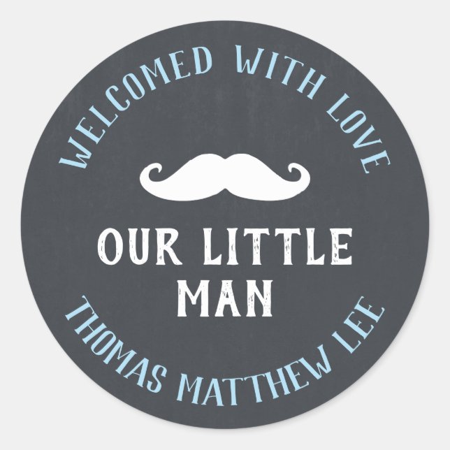 Little Man Moustache New Baby Announcement Favour Classic Round Sticker (Front)