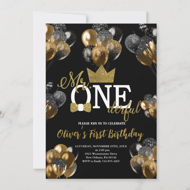 Little Man, Mr One-derful Birthday, Balloons  Invitation (Front)