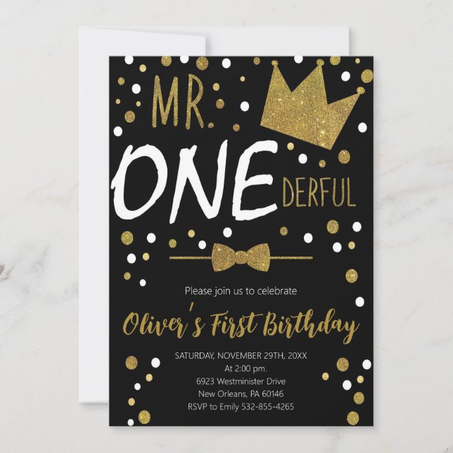 Little Man, Mr.Onederful Birthday, Polka Dots Invitation (Front)