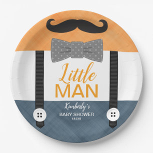 little man mustache orange navy boy baby shower paper plate