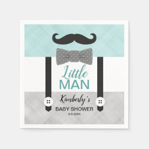 Little man suspenders green gray boy baby shower napkin