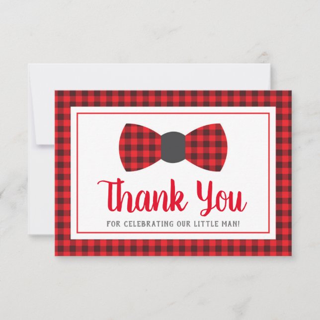 Little Man Thank You Card, Bow Tie, Buffalo Plaid Invitation (Front)