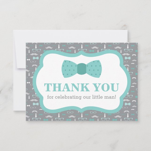 Little Man Thank You Card, Bow Tie, Turqoise, Grey (Front)