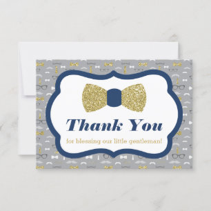 Little Man Thank You Card, Navy, Faux Glitter