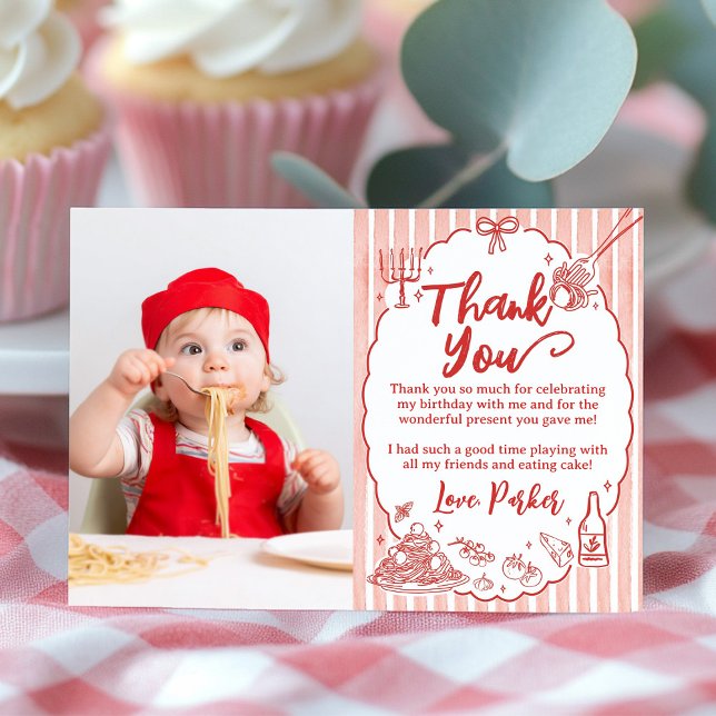 Little Meatball Pasta Birthday Party Photo Thank You Card (Creator Uploaded)