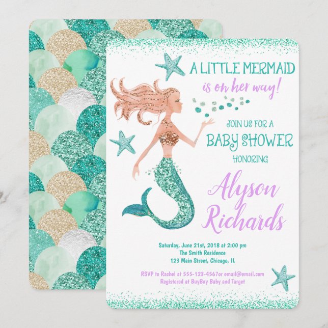 Little mermaid baby shower girl under the sea invitation (Front/Back)