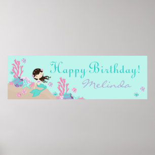 Little Mermaid Birthday Banner Brunette Poster