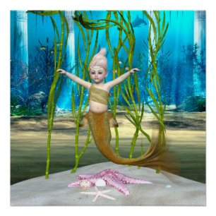 Little Mermaid Cute Fantasy Girl, Blue Ocean Poster