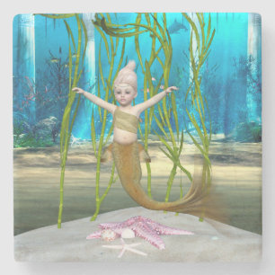 Little Mermaid Cute Fantasy Girl, Blue Ocean Stone Coaster