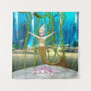 Little Mermaid Cute Fantasy Girl, Blue Ocean Tapestry
