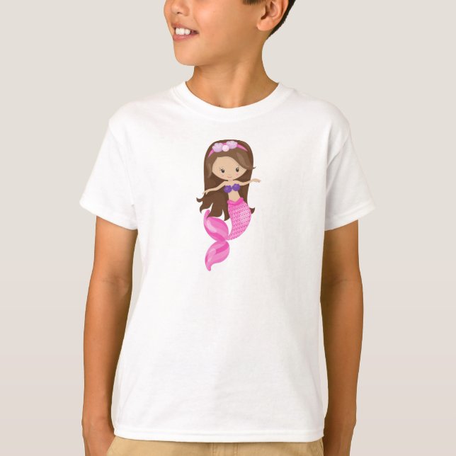 Little Mermaid, Cute Mermaid, Brown Hair, Shells T-Shirt (Front)