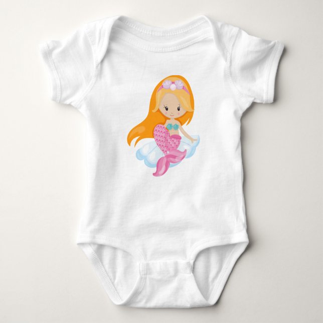Little Mermaid, Cute Mermaid, Orange Hair, Shells Baby Bodysuit (Front)