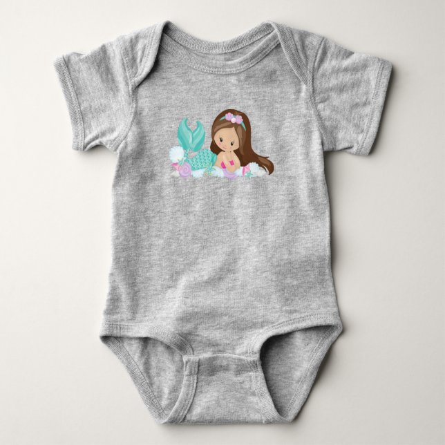 Little Mermaid, Cute Mermaid, Shells, Brown Hair Baby Bodysuit (Front)