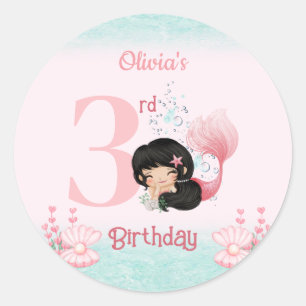 Little Mermaid Dark Hair Pink Birthday Classic Round Sticker