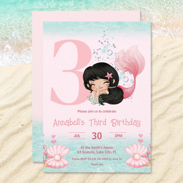 Little Mermaid Dark Hair Pink Girl Birthday Invitation (Birthday invitation with cute mermaid with dark hair. For blonde please visit the store :))